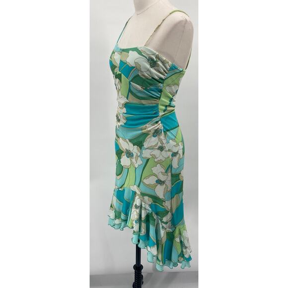 Vintage Y2k City Triangles Retro Floral Mini Dress Ruffled Hem Stretchy Mesh XS - Picture 3 of 8